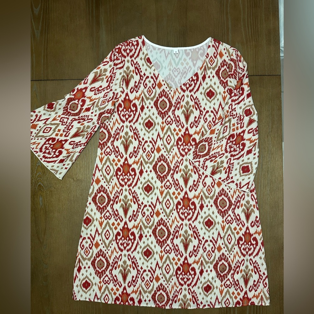 Casual Dress - Multi-color (red, orange, cream print) with V-Neck